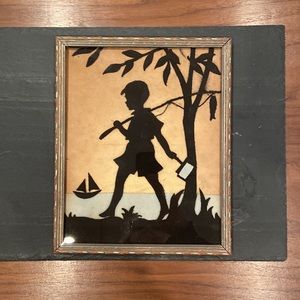 Art, Boy Gone Fishing‎ silhouette,framed, Vintage Picture